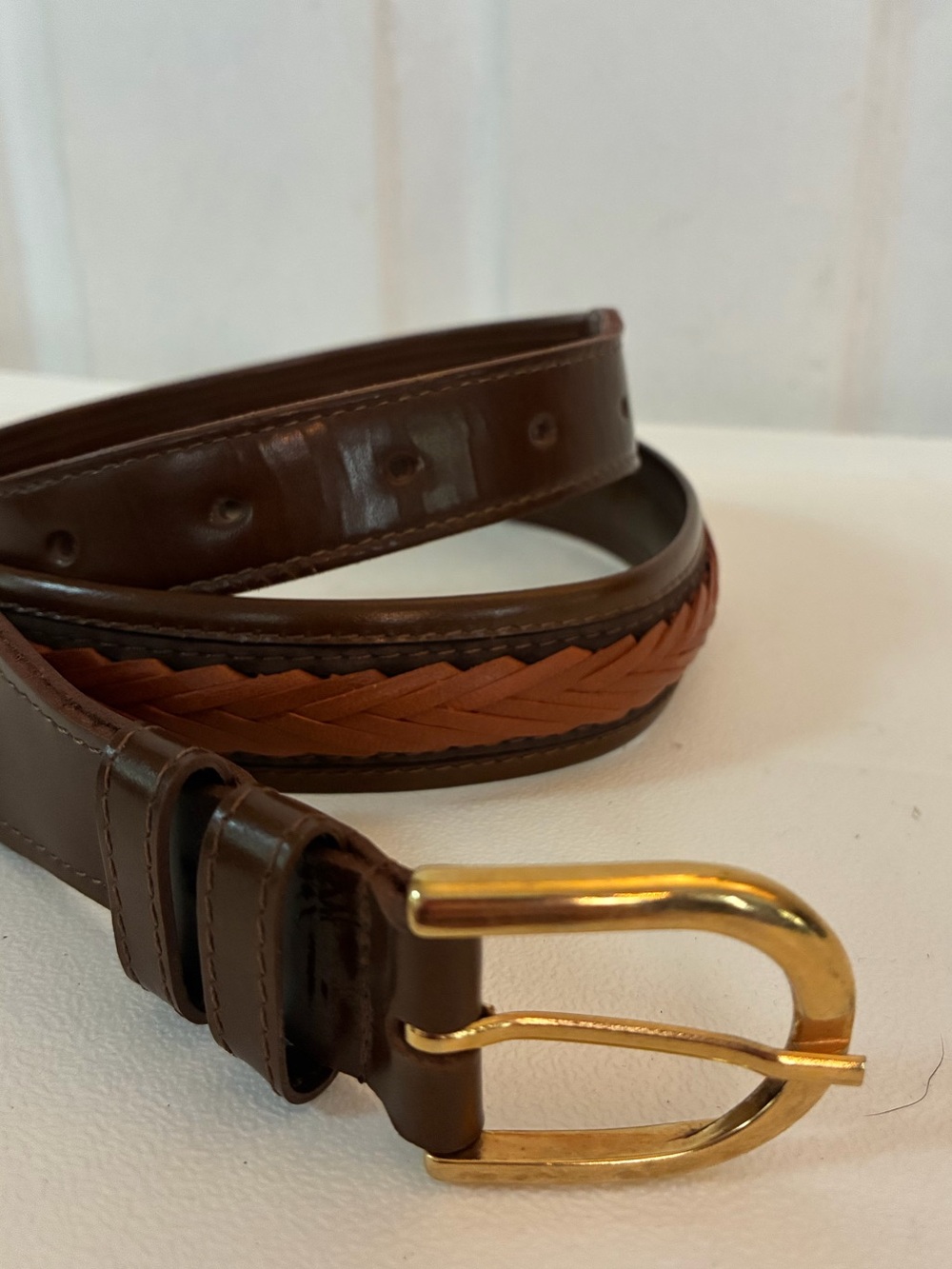 Vintage Brown Woven Leather Belt Two Tone Braided Inlay Mexico Gold Buckle Sz 38